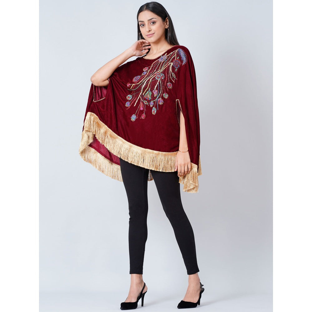 First Resort by Ramola Bachchan Maroon Floral Sequinned Velvet Poncho with Golden Fringe