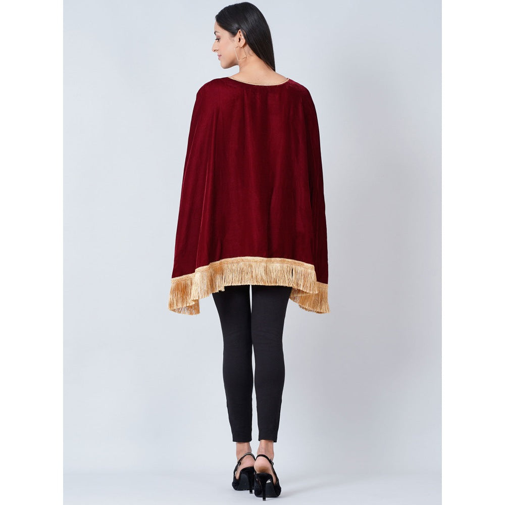 First Resort by Ramola Bachchan Maroon Floral Sequinned Velvet Poncho with Golden Fringe