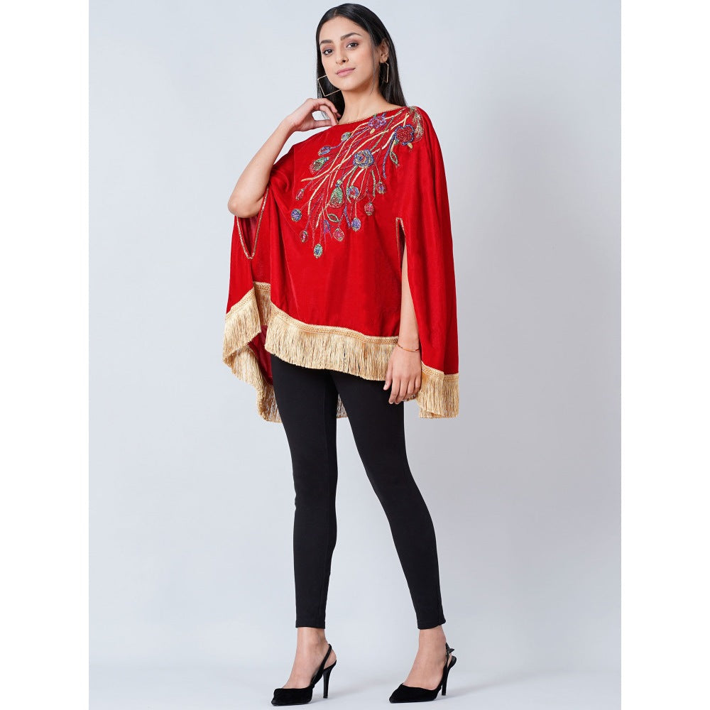 First Resort by Ramola Bachchan Red Floral Sequinned Velvet Poncho with Golden Fringe