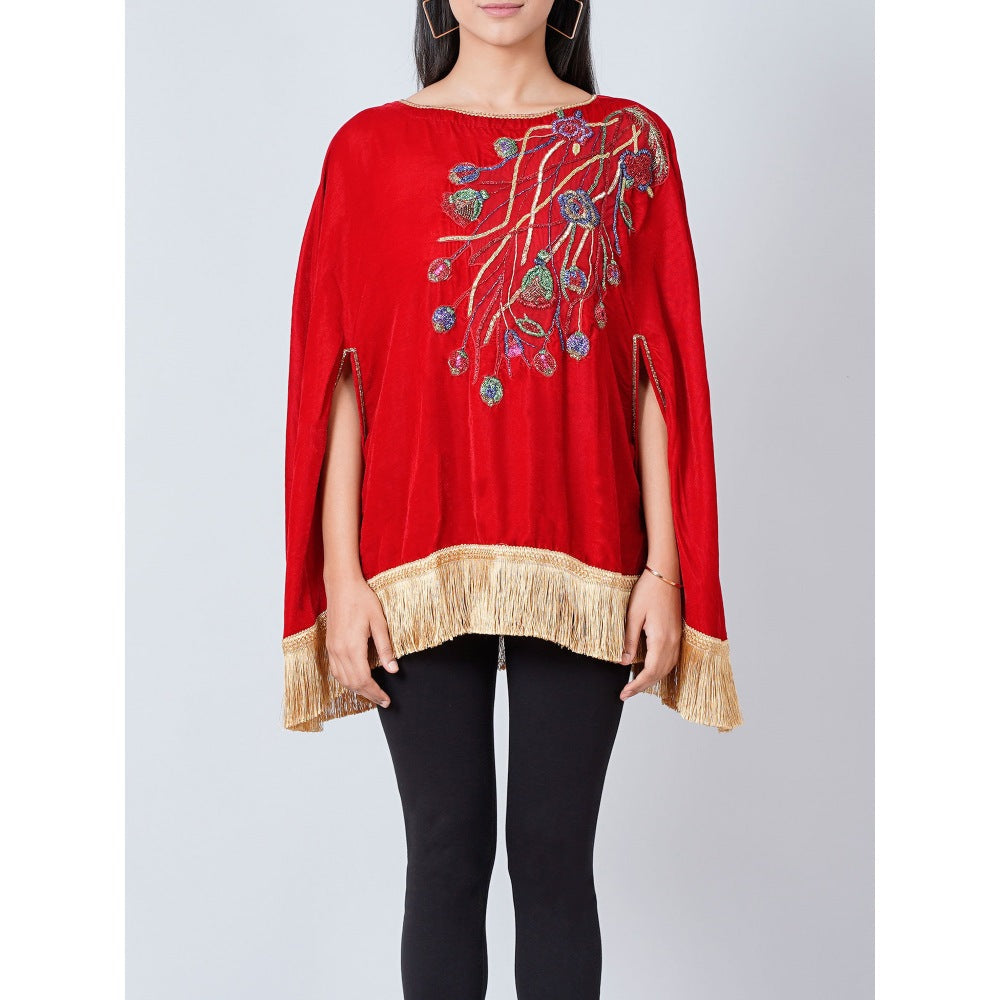 First Resort by Ramola Bachchan Red Floral Sequinned Velvet Poncho with Golden Fringe