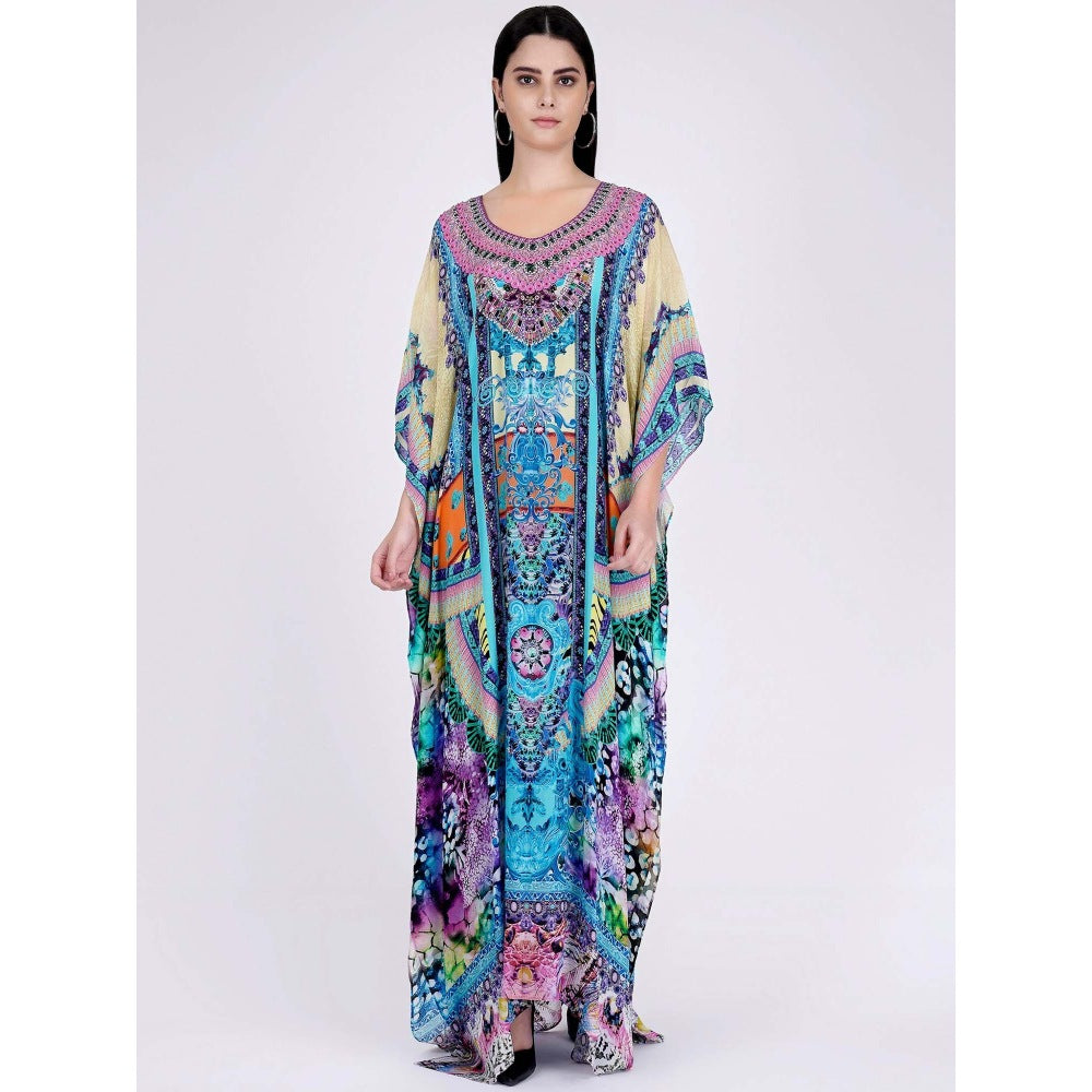 First Resort by Ramola Bachchan Blue And Pink Abstract Embellished Silk Full Length Kaftan