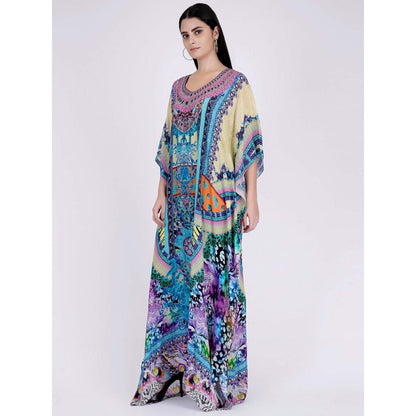 First Resort by Ramola Bachchan Blue And Pink Abstract Embellished Silk Full Length Kaftan