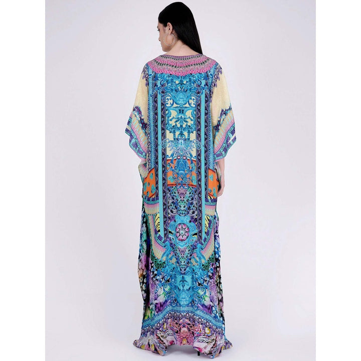 First Resort by Ramola Bachchan Blue And Pink Abstract Embellished Silk Full Length Kaftan