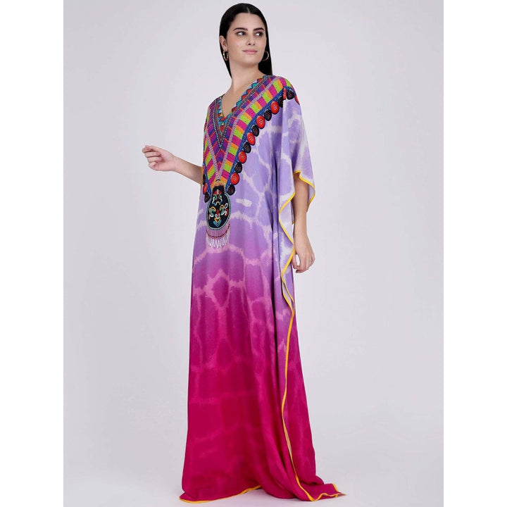 First Resort by Ramola Bachchan Mauve And Fuchsia Print Embellished Silk Full Length Kaftan