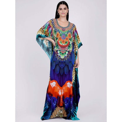 First Resort by Ramola Bachchan Yellow And Blue Tribal Embellished Silk Full Length Kaftan