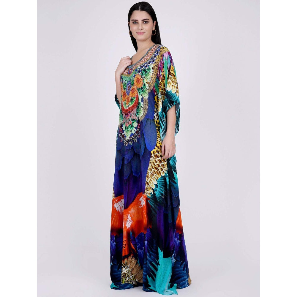 First Resort by Ramola Bachchan Yellow And Blue Tribal Embellished Silk Full Length Kaftan