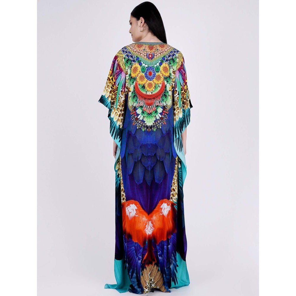 First Resort by Ramola Bachchan Yellow And Blue Tribal Embellished Silk Full Length Kaftan