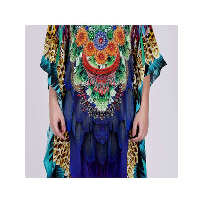 First Resort by Ramola Bachchan Yellow And Blue Tribal Embellished Silk Full Length Kaftan
