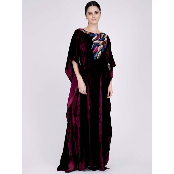 First Resort by Ramola Bachchan Wine Embroidered Silk Velvet Full Length Kaftan