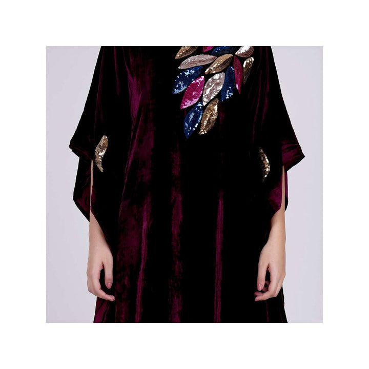First Resort by Ramola Bachchan Wine Embroidered Silk Velvet Full Length Kaftan