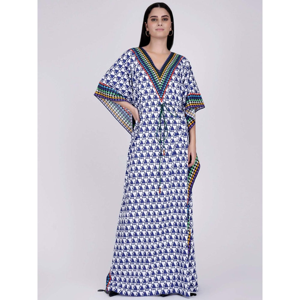 First Resort by Ramola Bachchan Blue And White Triangle Geometric Print Full Length Kaftan
