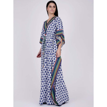 First Resort by Ramola Bachchan Blue And White Triangle Geometric Print Full Length Kaftan