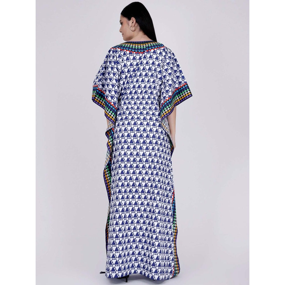 First Resort by Ramola Bachchan Blue And White Triangle Geometric Print Full Length Kaftan