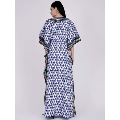First Resort by Ramola Bachchan Blue And White Triangle Geometric Print Full Length Kaftan
