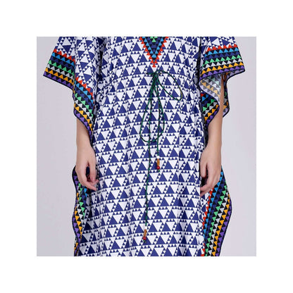 First Resort by Ramola Bachchan Blue And White Triangle Geometric Print Full Length Kaftan