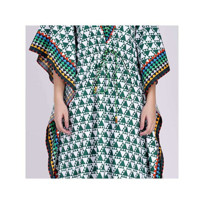 First Resort by Ramola Bachchan Green And White Triangle Geometric Print Full Length Kaftan