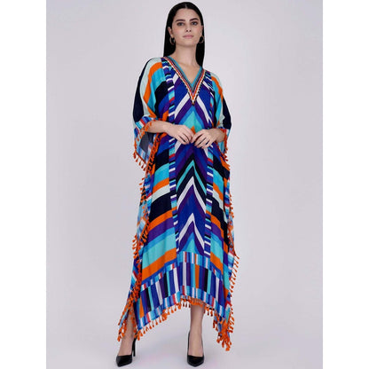 First Resort by Ramola Bachchan Blue And Orange Striped Mid Length Kaftan