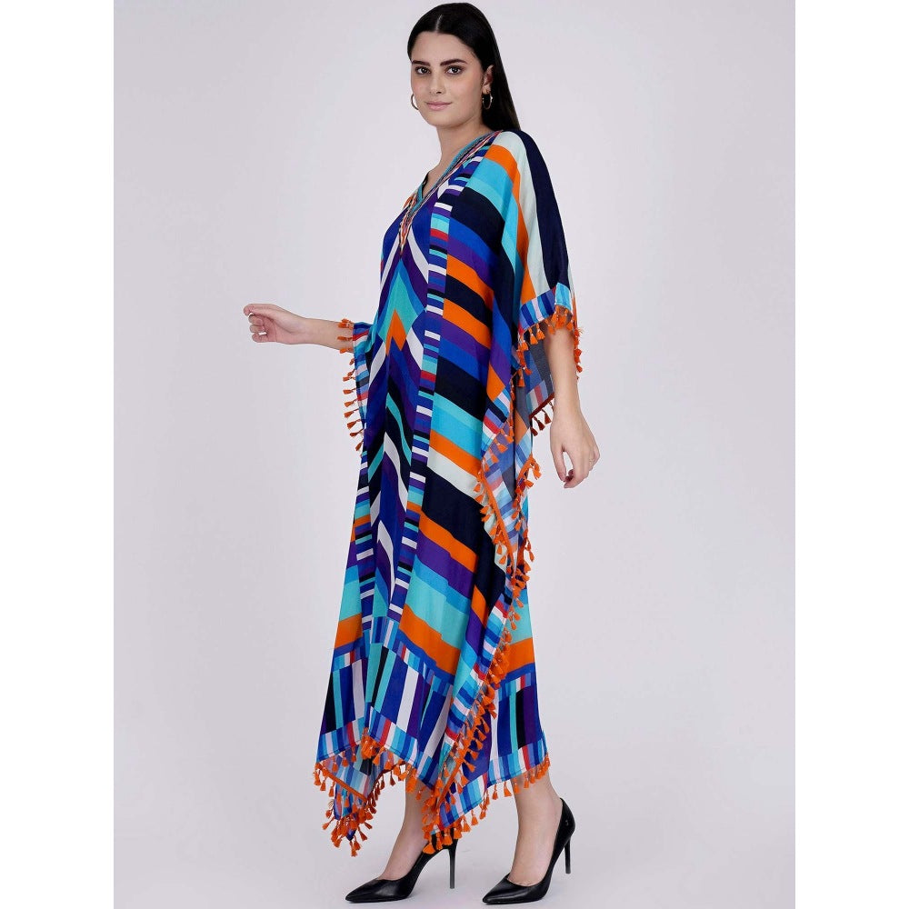 First Resort by Ramola Bachchan Blue And Orange Striped Mid Length Kaftan