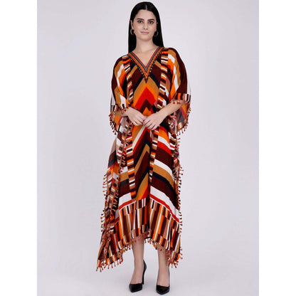 First Resort by Ramola Bachchan Brown And Orange Striped Mid Length Kaftan