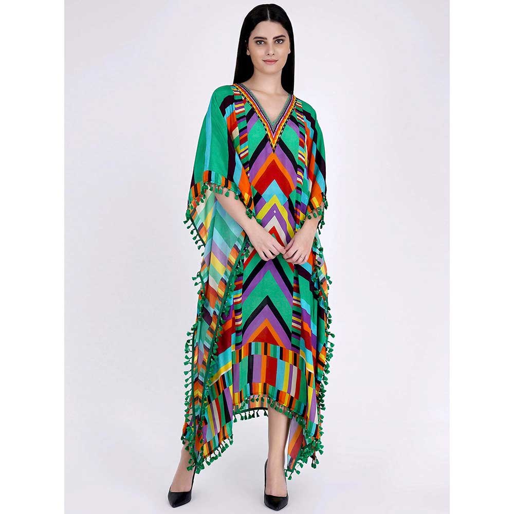 First Resort by Ramola Bachchan Green and Cyan Striped Mid Length Kaftan