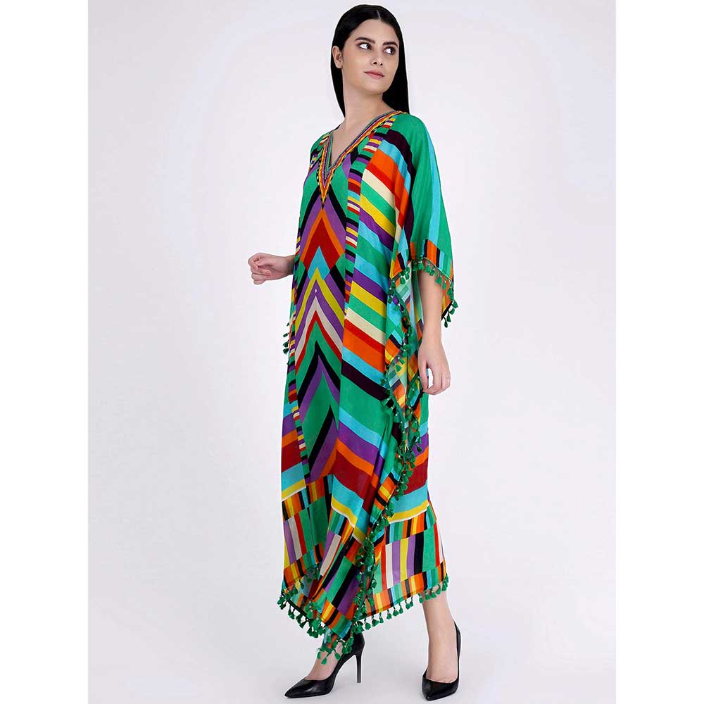 First Resort by Ramola Bachchan Green and Cyan Striped Mid Length Kaftan
