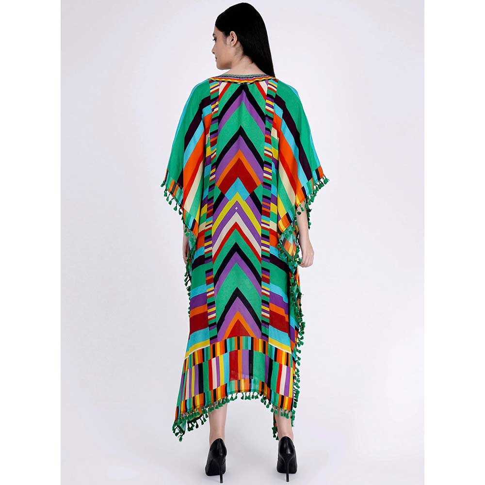 First Resort by Ramola Bachchan Green and Cyan Striped Mid Length Kaftan