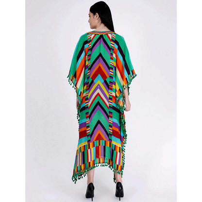 First Resort by Ramola Bachchan Green and Cyan Striped Mid Length Kaftan