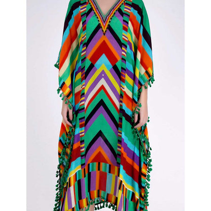 First Resort by Ramola Bachchan Green and Cyan Striped Mid Length Kaftan