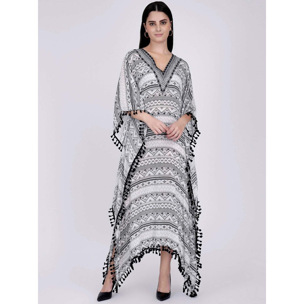 First Resort by Ramola Bachchan White And Grey Aztec Mid Length Kaftan