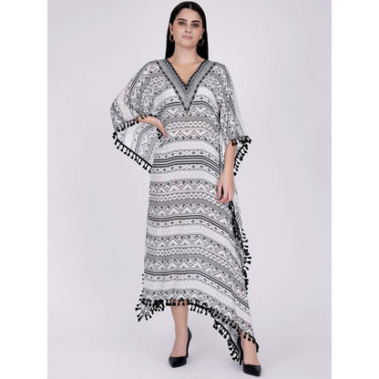 First Resort by Ramola Bachchan White And Grey Aztec Mid Length Kaftan
