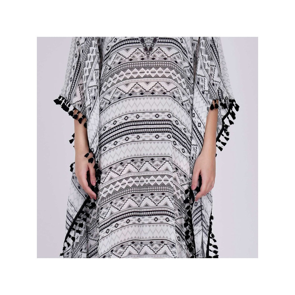 First Resort by Ramola Bachchan White And Grey Aztec Mid Length Kaftan