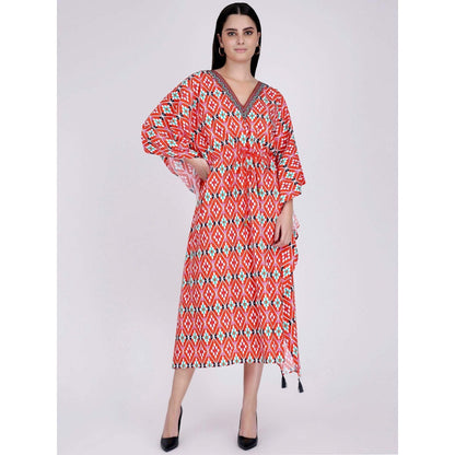 First Resort by Ramola Bachchan Bright Red Moroccan Print Mid Length Kaftan