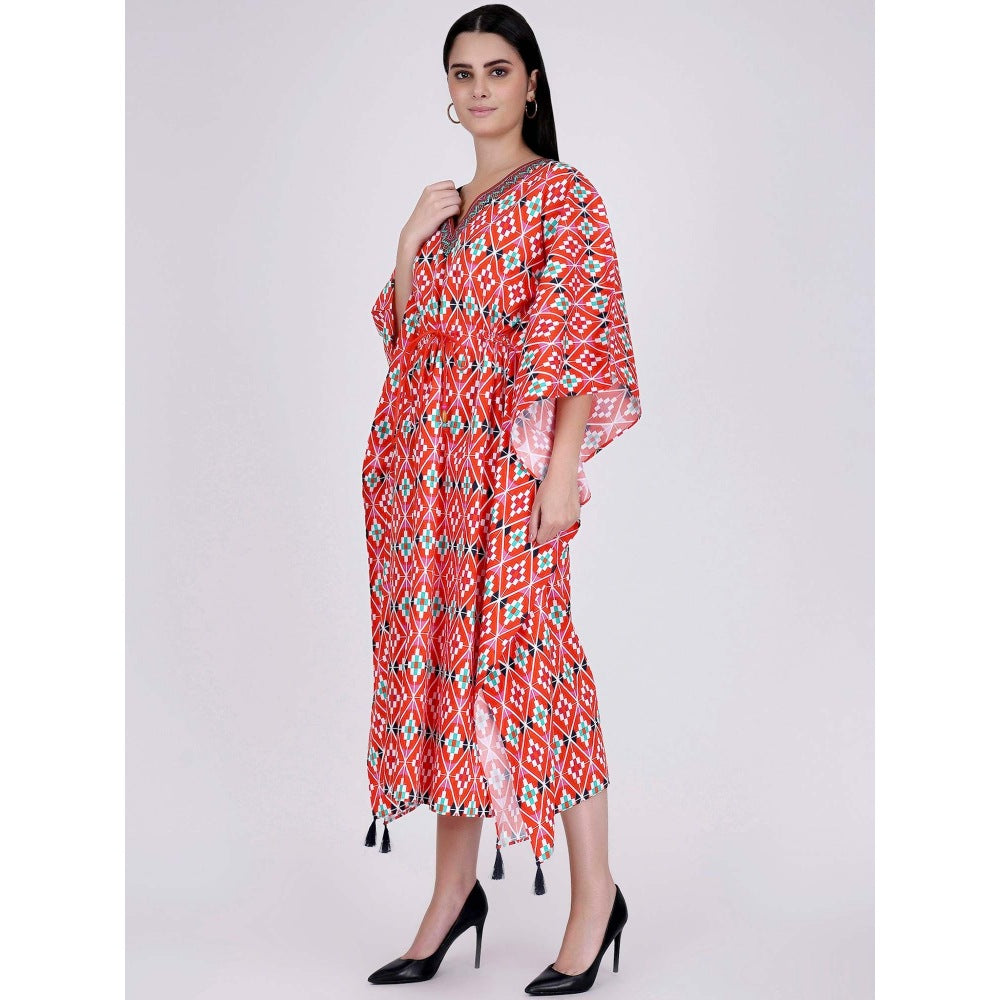 First Resort by Ramola Bachchan Bright Red Moroccan Print Mid Length Kaftan