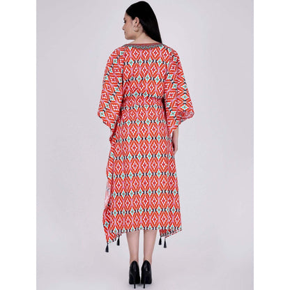 First Resort by Ramola Bachchan Bright Red Moroccan Print Mid Length Kaftan