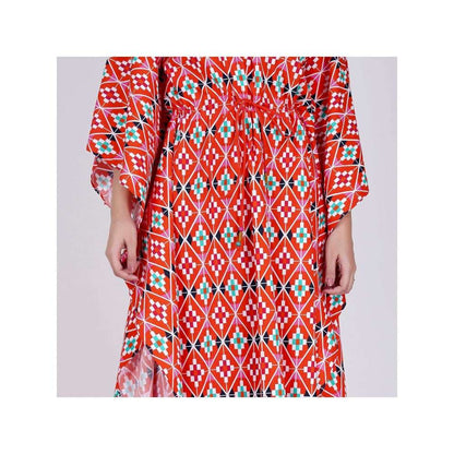 First Resort by Ramola Bachchan Bright Red Moroccan Print Mid Length Kaftan