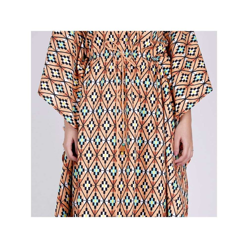 First Resort by Ramola Bachchan Melon Orange Moroccan Print Mid Length Kaftan