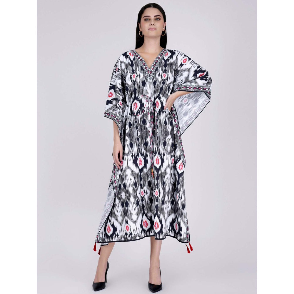 First Resort by Ramola Bachchan Black Ikat Print Mid Length Kaftan