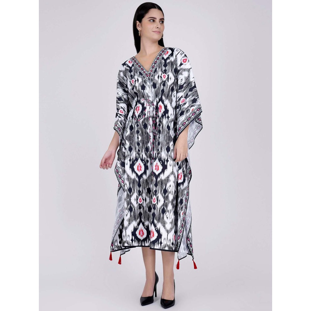 First Resort by Ramola Bachchan Black Ikat Print Mid Length Kaftan