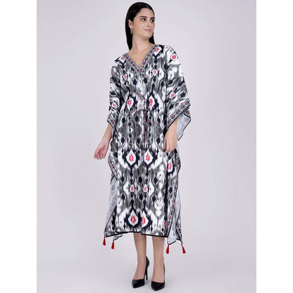 First Resort by Ramola Bachchan Black Ikat Print Mid Length Kaftan