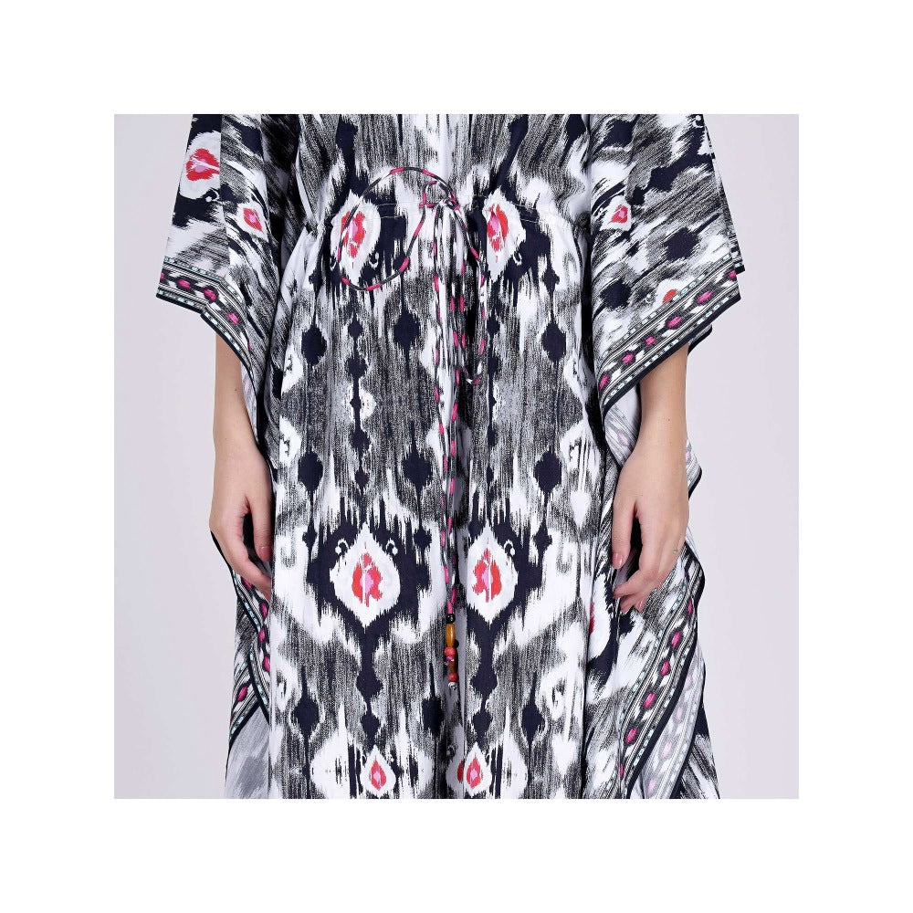 First Resort by Ramola Bachchan Black Ikat Print Mid Length Kaftan
