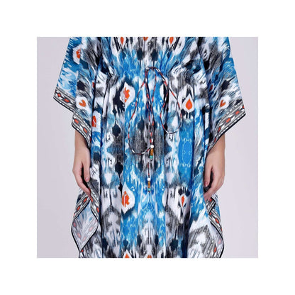 First Resort by Ramola Bachchan Blue Ikat Print Mid Length Kaftan