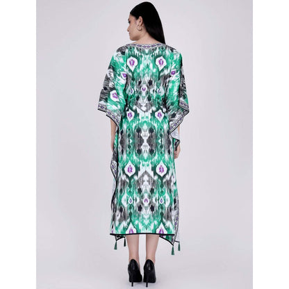First Resort by Ramola Bachchan Green Ikat Print Mid Length Kaftan