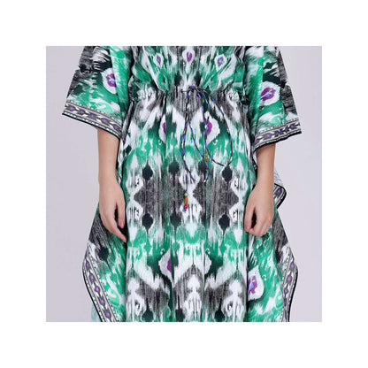 First Resort by Ramola Bachchan Green Ikat Print Mid Length Kaftan