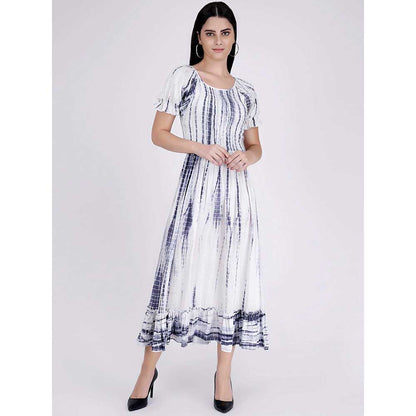 First Resort by Ramola Bachchan Indigo Tie-Dye Smocking Long Dress With Frill