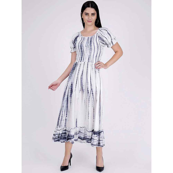 First Resort by Ramola Bachchan Indigo Tie-Dye Smocking Long Dress With Frill