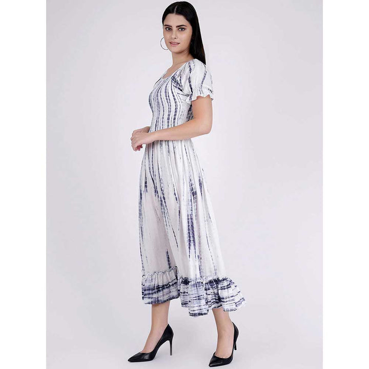 First Resort by Ramola Bachchan Indigo Tie-Dye Smocking Long Dress With Frill