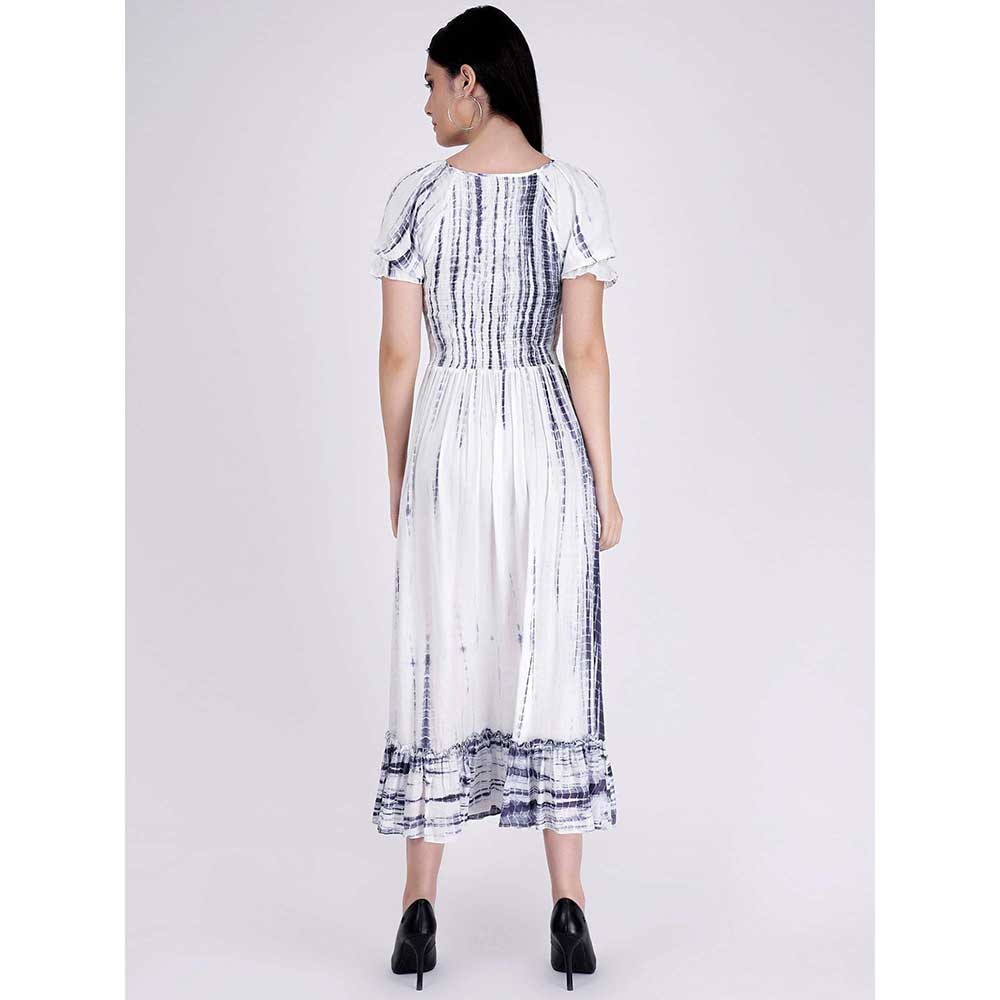 First Resort by Ramola Bachchan Indigo Tie-Dye Smocking Long Dress With Frill