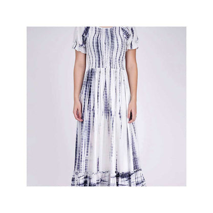 First Resort by Ramola Bachchan Indigo Tie-Dye Smocking Long Dress With Frill