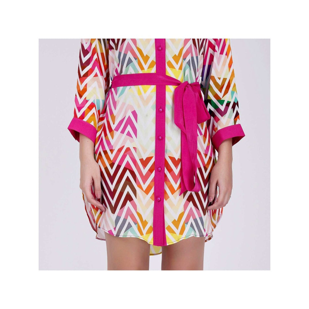 First Resort by Ramola Bachchan Pink And White Chevron Shirt Dress (Set of 2)