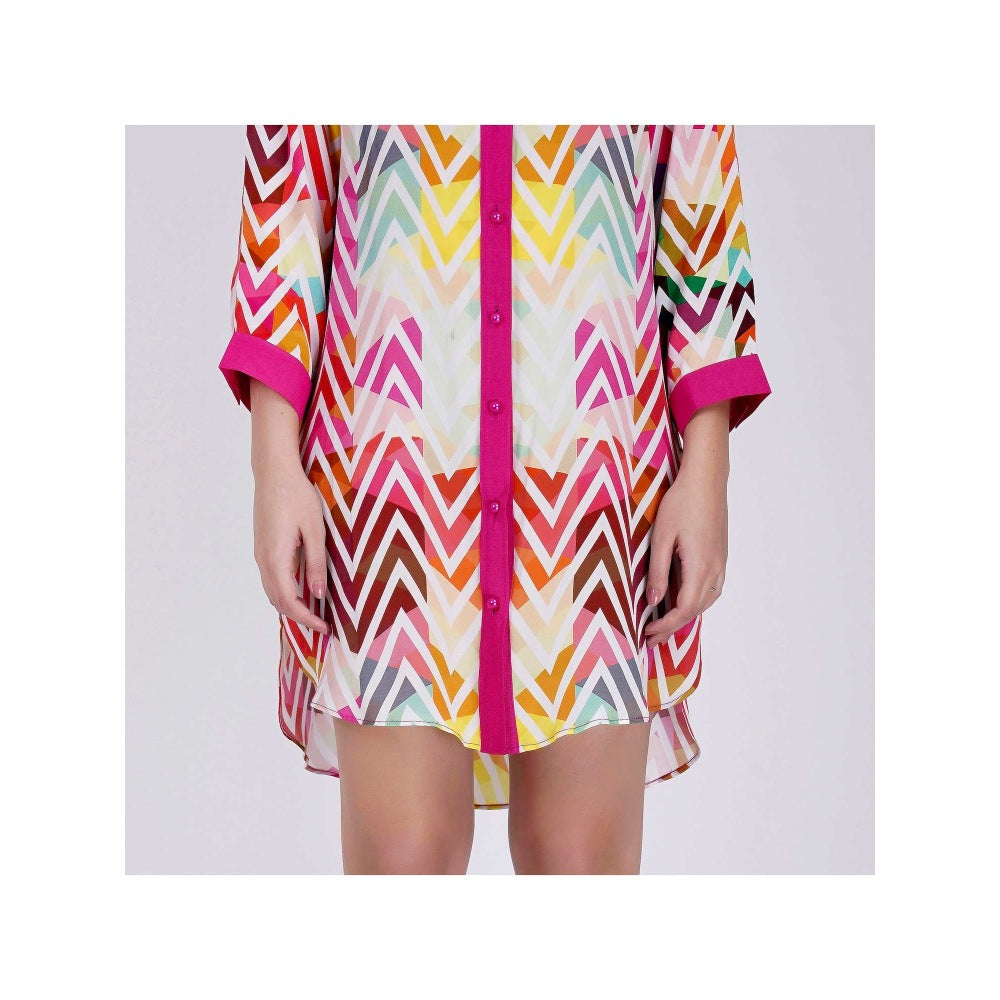 First Resort by Ramola Bachchan Pink And White Chevron Shirt Dress (Set of 2)